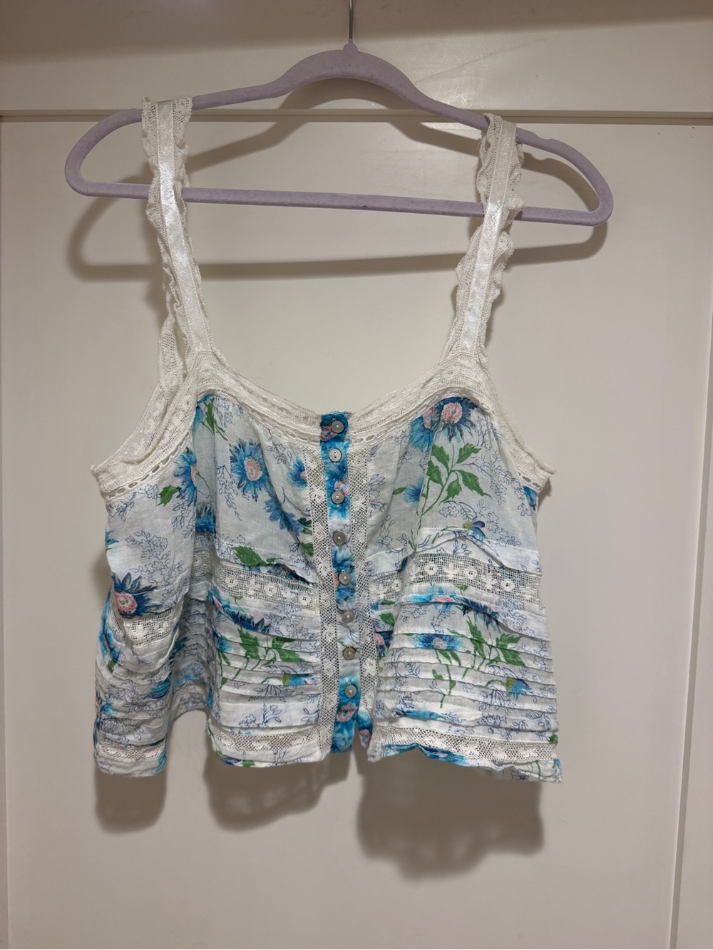 LoveShackFancy Floral Lace-Trim White & Blue Top Size - Large